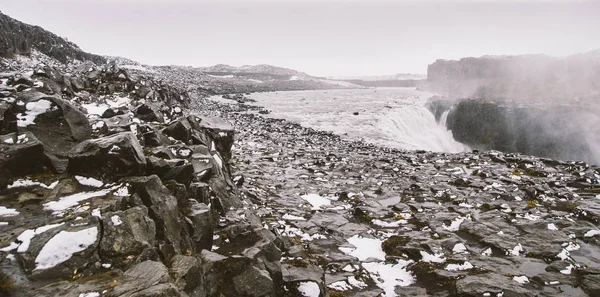 Panoramische Foto Van Beroemde Ijslandse Watervallen Bewolkte Dagen Met Geologische — Stockfoto