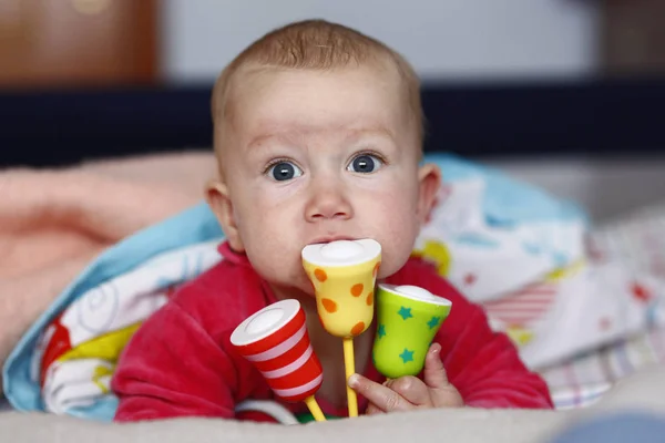 Adorable Baby Playing Biting Her Rattle — Stock Photo, Image