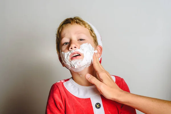 Child Santa Costume Smeared Shaving Cream Have Fun Christmas — Stock Photo, Image
