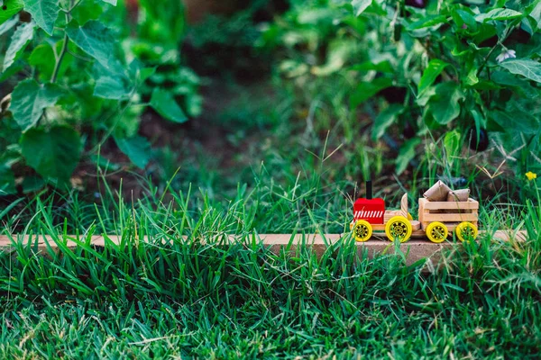 芝生やテキスト コピー領域の空き領域の多い自然を通してパッケージを運ぶ木のおもちゃトラック — ストック写真