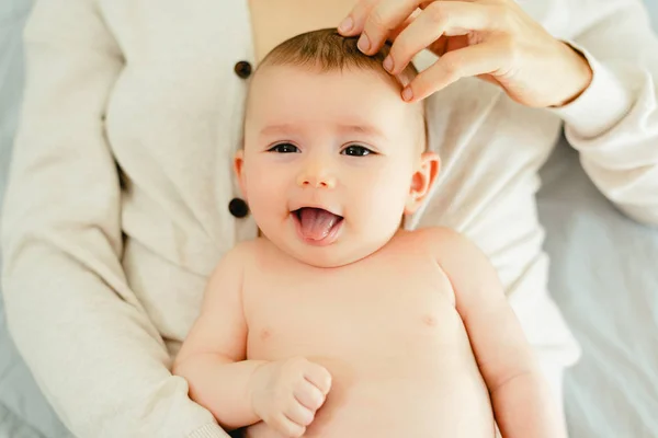 Baby Laughing His Mother Belly Morning Woke — Stock Photo, Image