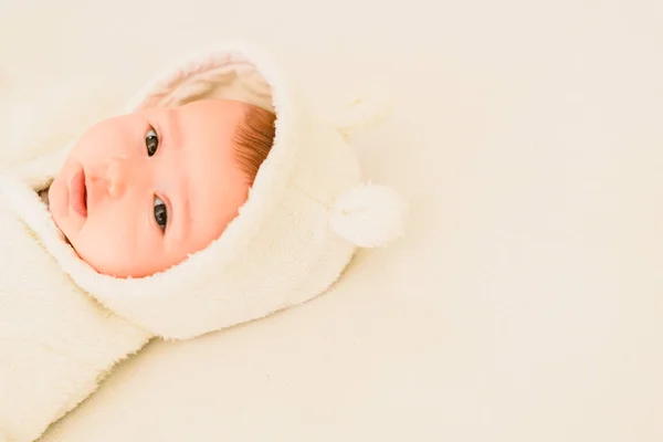 Baby Girl Lying White Bed Adorable Looking Camera — Stock Photo, Image