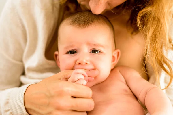 Baby Biting His Fist Pain Teeth — Stock Photo, Image