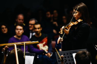 Valencia, İspanya - 25 Ocak 2019: Keman çalmaya müzisyenler bir klasik müzik konseri sırasında.