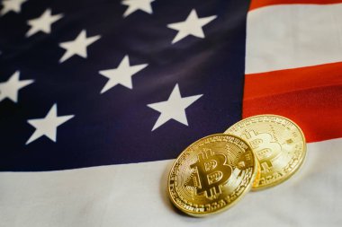 Bitcoins ve Amerikan dolarları bizimle arka plan, kopya alanı bayrak.