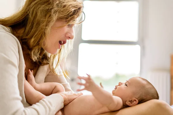 Mom Taking Care Pampering Her Newborn Baby Bedroom Morning — Stock Photo, Image