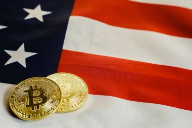 Bitcoins ve Amerikan dolarları bizimle arka plan, kopya alanı bayrak.