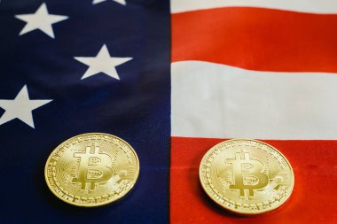 Amerikan bayrağı arka plan ile Bitcoins ve 100 dolar faturaları.