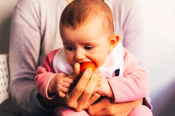 Bebé Meses Empezando Probar Sus Primeros Alimentos Utilizando Técnica Del — Foto de Stock