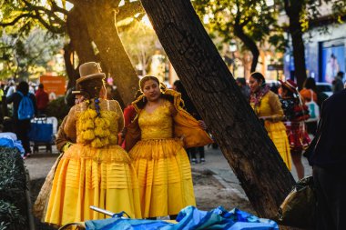 Valencia, İspanya - 16 Şubat 2019: Grup Bolivya Ruzafa mahalle sokaklarında bir karnaval geçit katılmak hazır gelen geleneksel and elbise giymiş kadın.