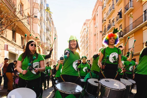 Valencia Hiszpania Lutego 2019 Grupy Silnych Kobiet Należących Grupy Perkusistów — Zdjęcie stockowe