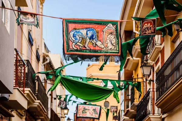 Valencia Spanien Januari 2019 Medeltida Banners Hängande Mellan Gatorna Vid — Stockfoto