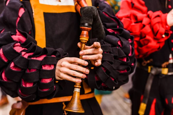 Trovador Medieval Tocando Una Vieja Flauta Con Otros Músicos Disfrazados — Foto de Stock