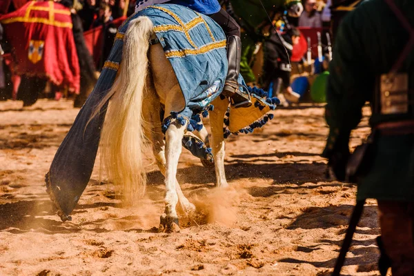 Dettaglio Delle Zampe Dei Cavalli Galoppanti Ornati Come Cavalieri Medievali — Foto Stock