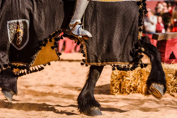 中世の祭で展示中に乗馬にマウントされ 騎士の鎧の詳細 — ストック写真