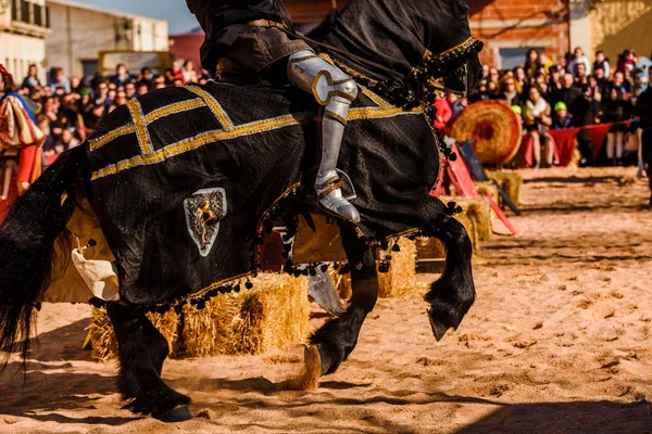 中世の祭で展示中に乗馬にマウントされ 騎士の鎧の詳細 — ストック写真