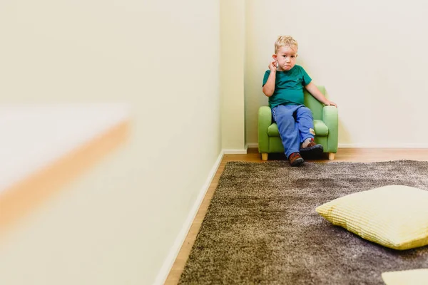 Two Year Old Boy Sitting Alone Armchair — Stock Photo, Image