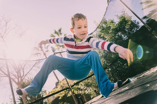 Child Exercising Backyard His House Jumping Casual Portrait His Childhood — Stock Photo, Image