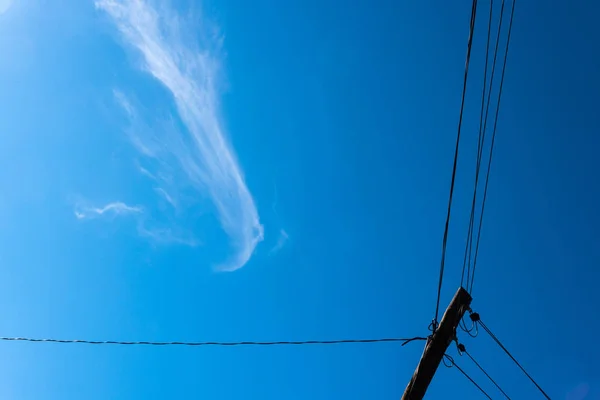 Stokken Met Elektriciteit Telecommunicatie Kabels Van Onderen Gezien Tegen Achtergrond — Stockfoto