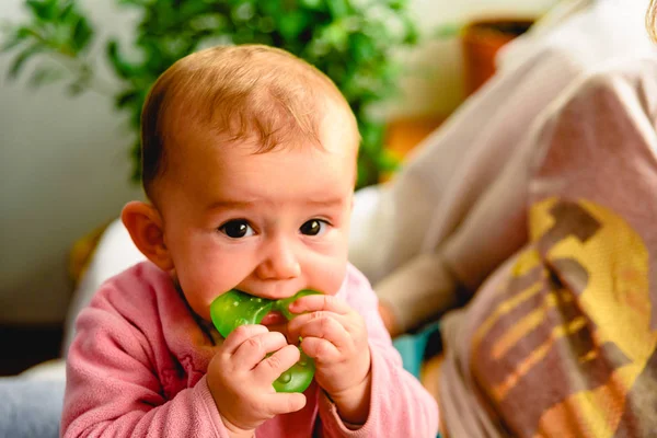 Hermosa y amigable 6 meses de edad bebé niña dentición y morder — Foto de Stock