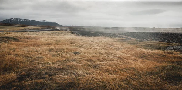 Paisagem de pastagens verdes e frondosas nos vales montanhosos — Fotografia de Stock