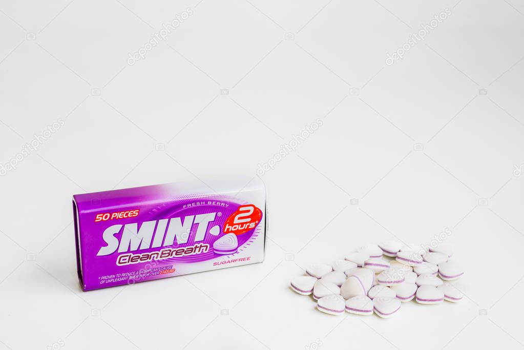 Valencia, Spain - May 7, 2019: Smint sugarfree candy pack isolated on white background.