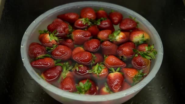 Bowl with strawberries soaked in water to clean the fruit of dirt with a womans hand — Stock Video