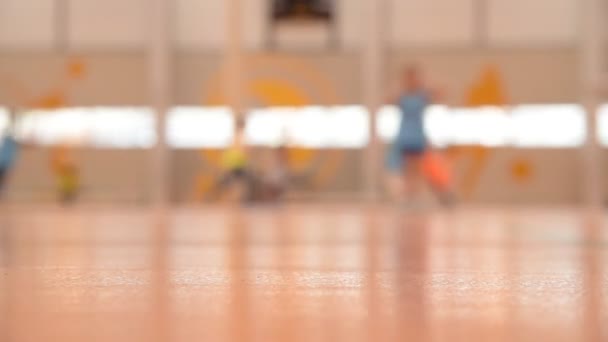 Group Children Running Exercising Sports Hall Abstract Blur Scene Background — Stock Video