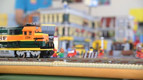 Valencia Spain April 2019 Electric Toy Train Exhibition Lego Figures — Stock Video