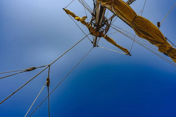 Sails and ropes of the main mast of a caravel ship, Santa Mar��a