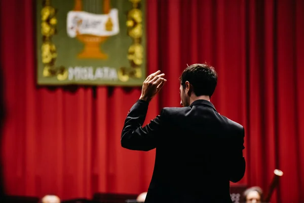 Orchestra conductor from behind directing his musicians during a