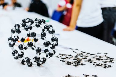 Biyoloji sınıfında moleküler modeller yaratan öğrenci grubu