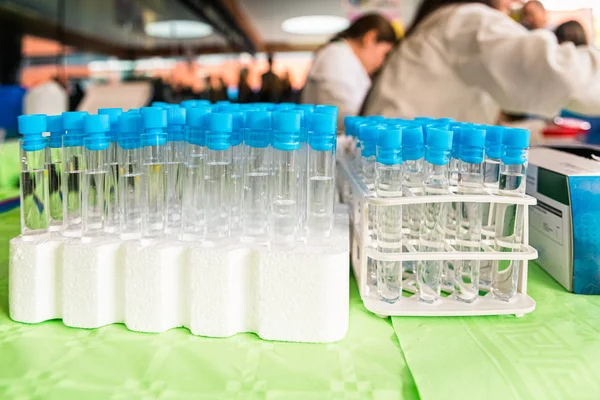 Many test tubes with blue plugs in a rack full of scientific exp — Stock Photo, Image