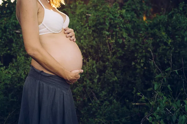 Primo piano della pancia della donna incinta accarezzando con le mani in na — Foto Stock