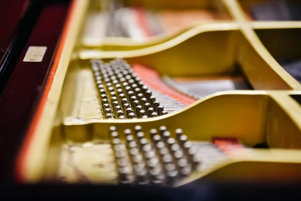 Detail of the interior of a piano with the soundboard, strings a — Stock Photo, Image