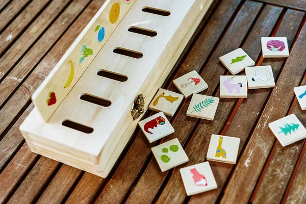Wooden game to match drawings, used in educational alternative p