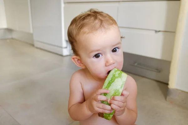 Bebé de 10 meses de edad, sentado en el suelo de su cocina mordisqueando un — Foto de Stock