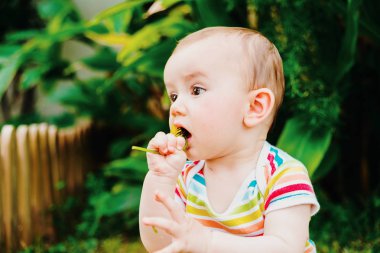 Bebek bahçeden kendini koparmış bir çiçek yiyor 