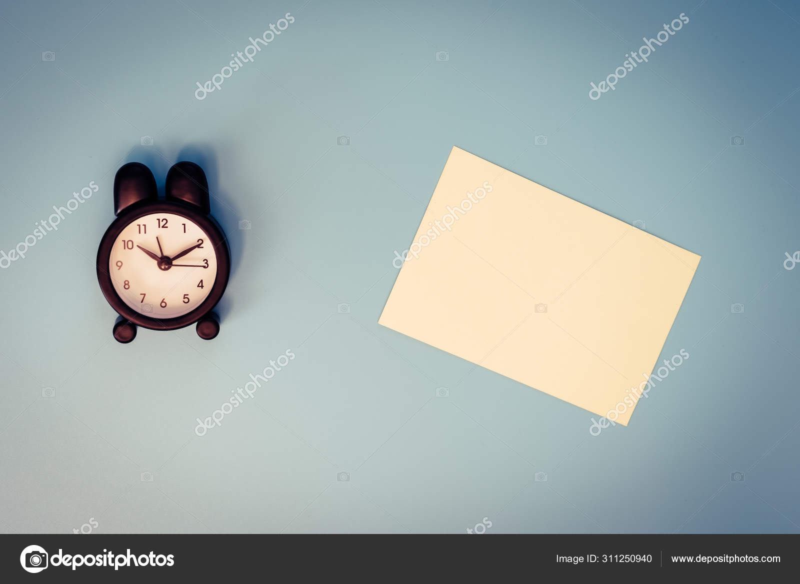 Flat Lay Of Vintage Colors Of An Alarm Clock And A Blank Note Pa Stock Photo C Joaquincorbalan 311250940