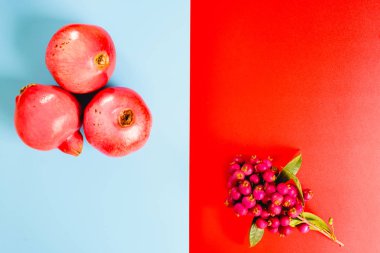 Stüdyoda mevsimlik meyvelerle kırmızı ve mavi arka plan.