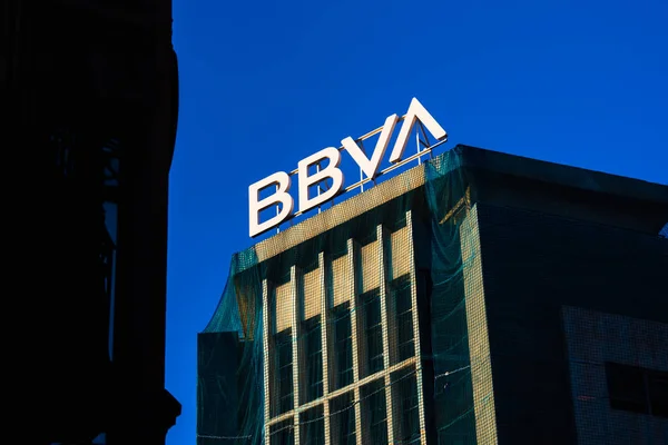 Valencia Spanien Oktober 2019 Logotyp Byggnad Den Nya Företagsbilden Bbva — Stockfoto