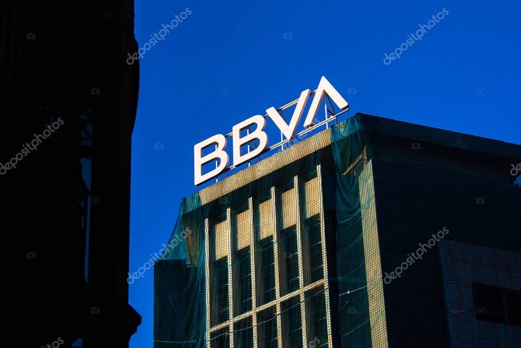 Valencia, Spain - October 4, 2019: Logo on a building of the new corporate image of the BBVA bank.