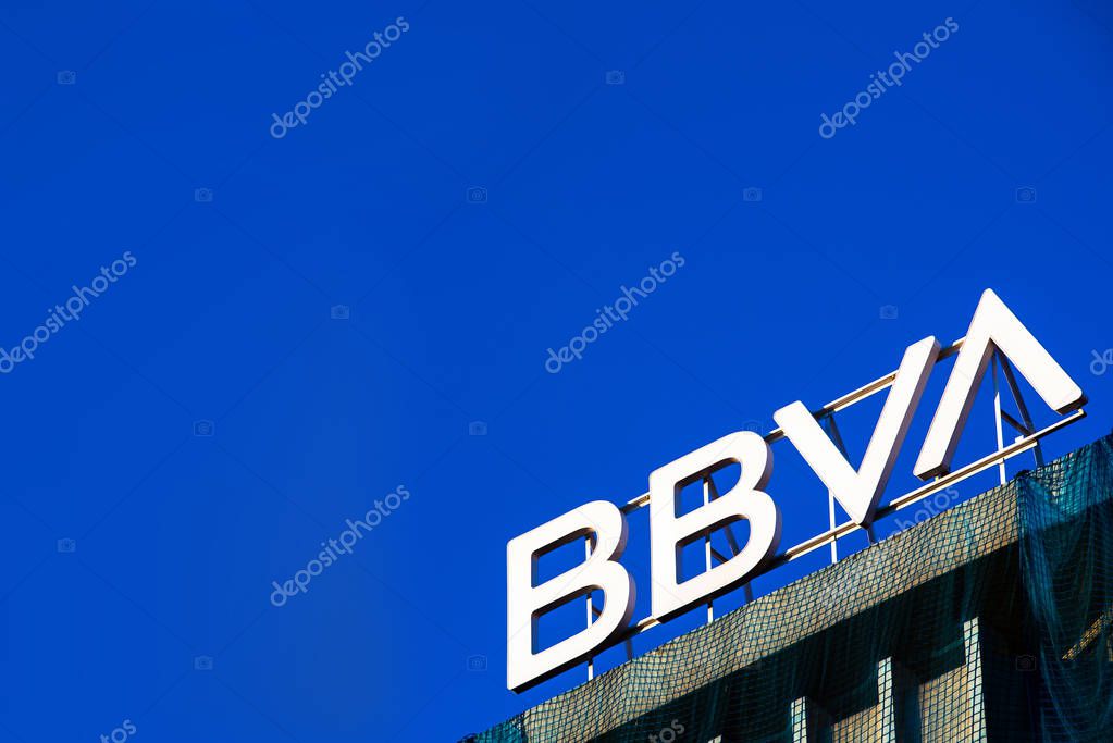 Valencia, Spain - October 4, 2019: Logo on a building of the new corporate image of the BBVA bank.