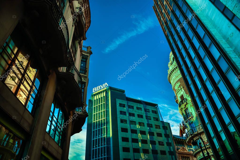 Valencia, Spain - October 4, 2019: View of the financial buildings of Valencia, in the foreground the new BBVA bank logo