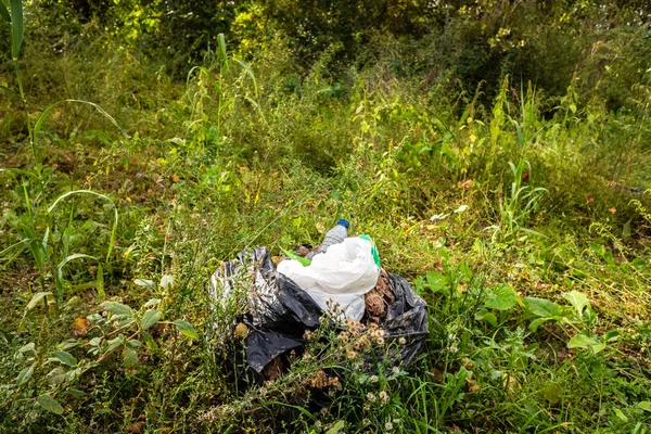 Σακούλα σκουπιδιών εγκαταλελειμμένη στη φύση, κατάχρηση του περιβάλλοντος. — Φωτογραφία Αρχείου