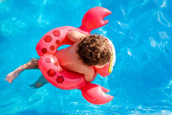 Baby Uses Red Float Blue Water Pool Enjoying His Summer — Stock Photo, Image