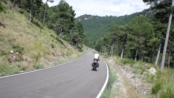 Ciclista Che Viaggia Bicicletta Con Bisacce Una Strada Montagna — Video Stock