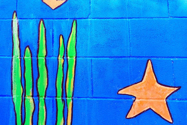 Kinderhintergrund Blauer Wand Mit Meerestieren Und Fischen Bemalt — Stockfoto