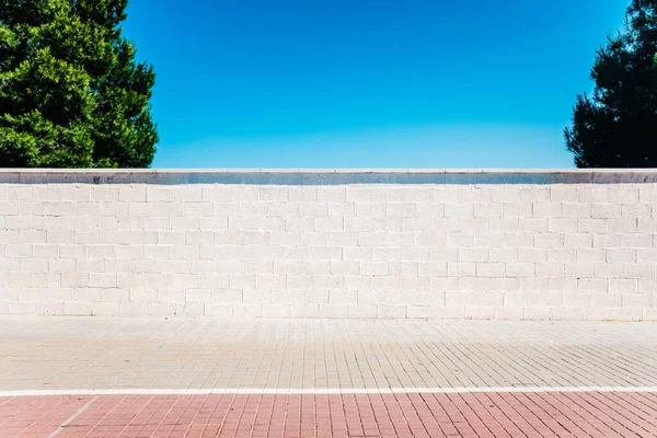 Şehir Minimalist Sahnesi Güneşte Beyaz Bir Duvar Iki Ağaç Mavi — Stok fotoğraf
