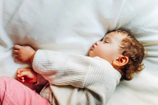 Baby Girl Rests Nap Eating Sleeping Worries Home — Stock Photo, Image